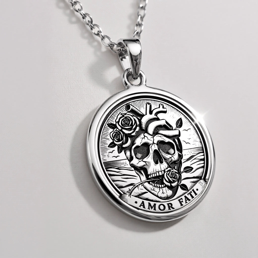 Amor Fati Latin Quote Charm Necklace Pendants 925 925 Sterling Silver skull pendant with roses and AMOR FATI text necklace
