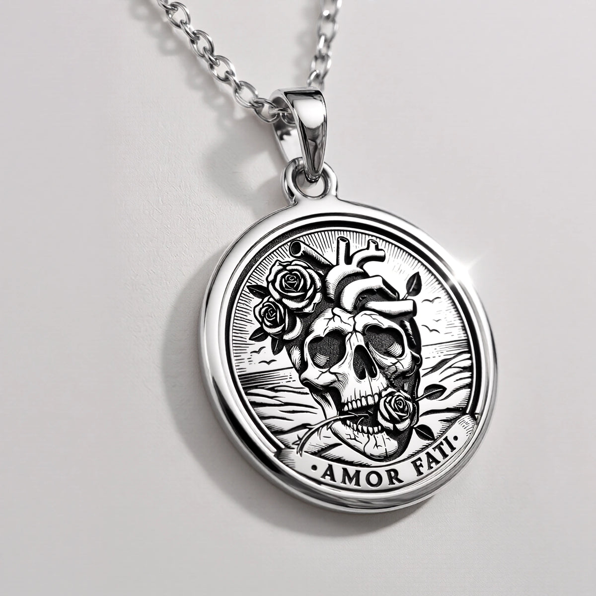 Amor Fati Latin Quote Charm Necklace Pendants 925 925 Sterling Silver skull pendant with roses and AMOR FATI text necklace