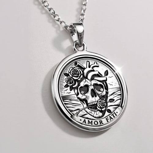 Amor Fati Latin Quote Charm Necklace Pendants 925 925 Sterling Silver skull pendant with roses and AMOR FATI text necklace