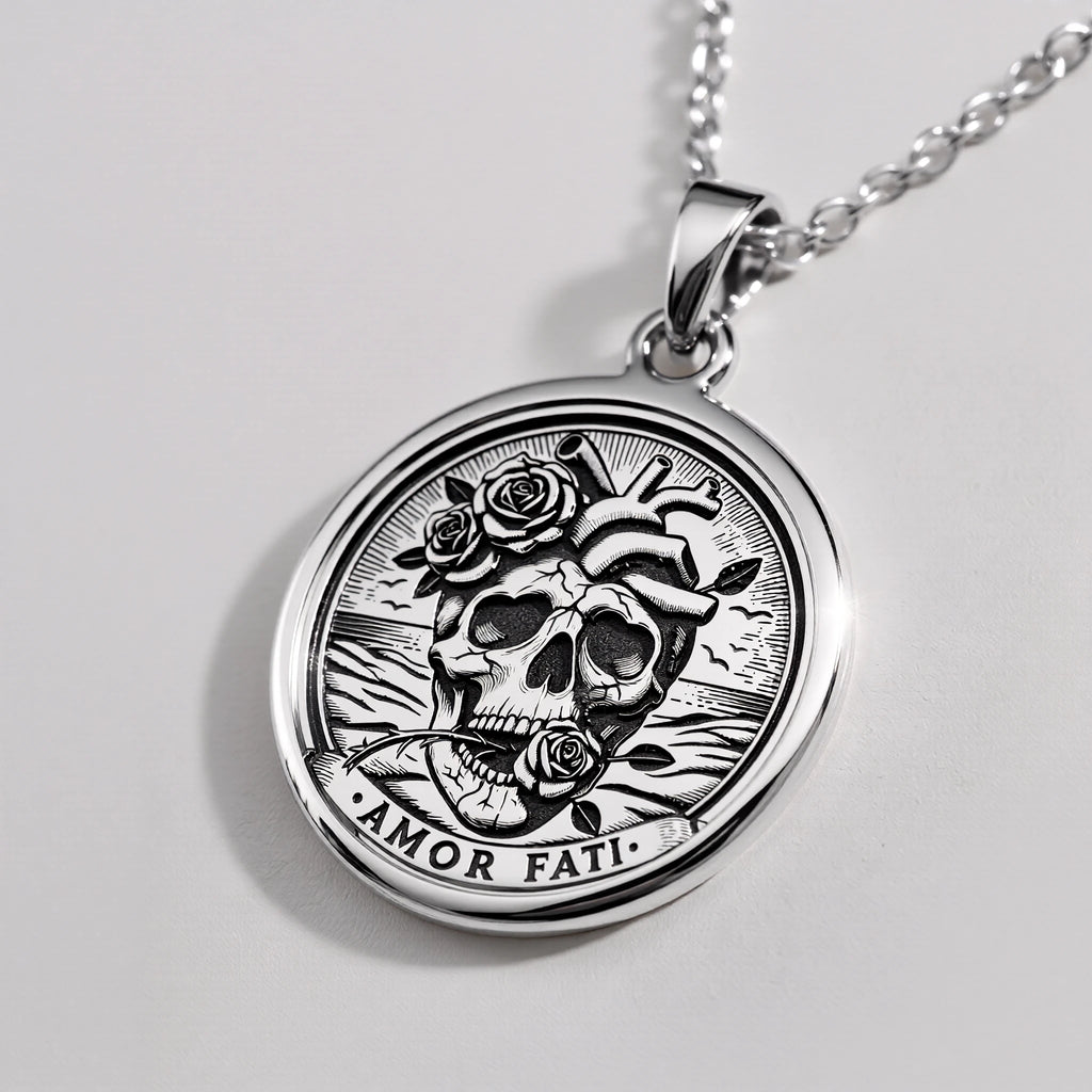 Amor Fati Latin Quote Charm Necklace Pendants 925 925 Sterling Silver skull with roses pendant necklace in a round shape