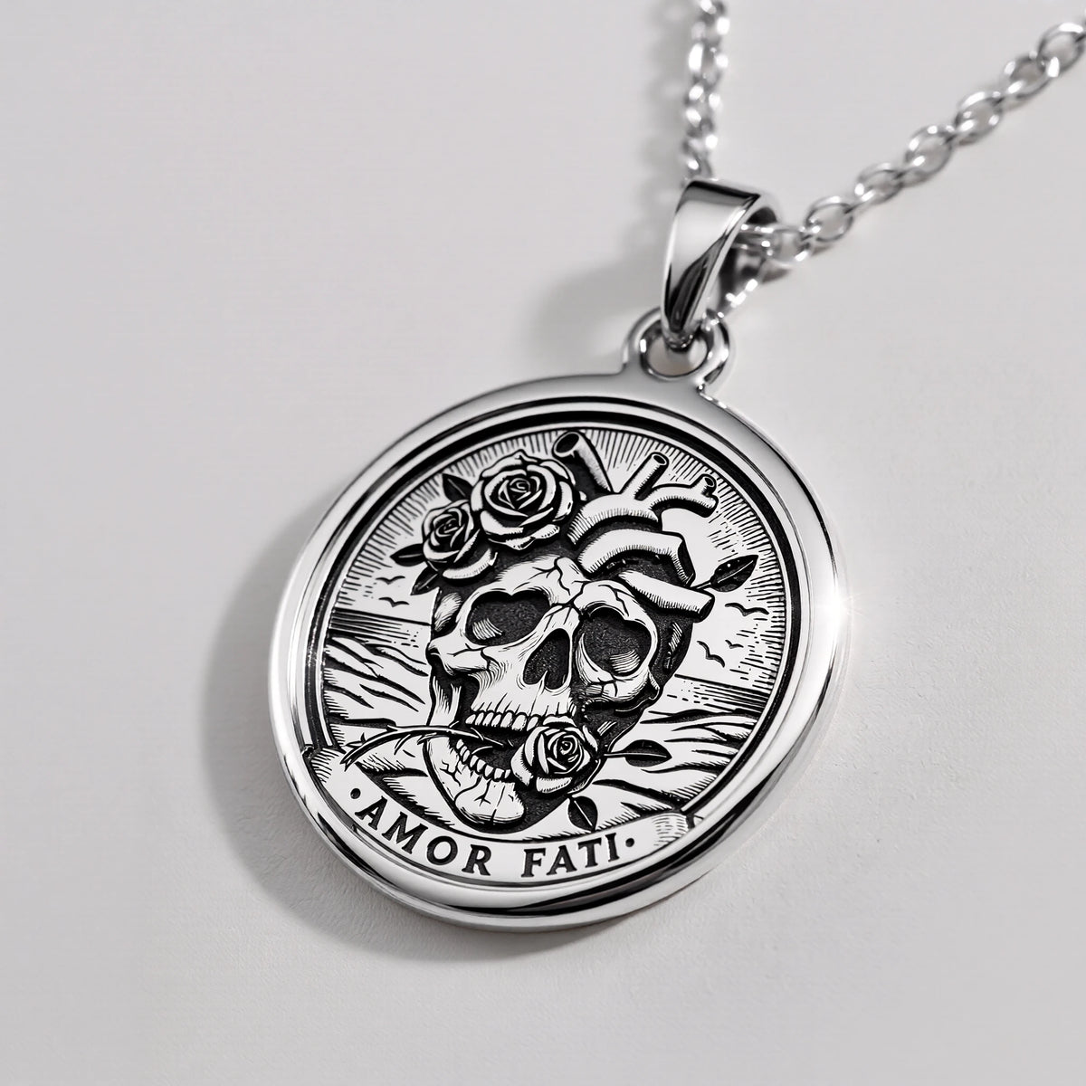 Amor Fati Latin Quote Charm Necklace Pendants 925 925 Sterling Silver skull with roses pendant necklace in a round shape