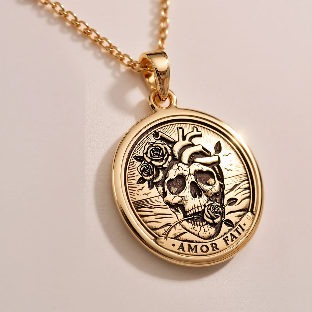 Amor Fati Latin Quote Charm Necklace Pendants 14K 14K Gold Plated skull pendant with roses and Amor Fati text necklace