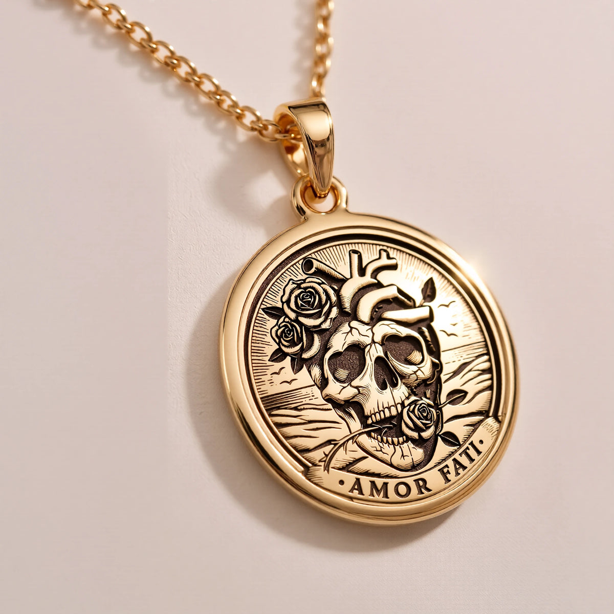 Amor Fati Latin Quote Charm Necklace Pendants 14K 14K Gold Plated skull pendant with roses and Amor Fati text necklace