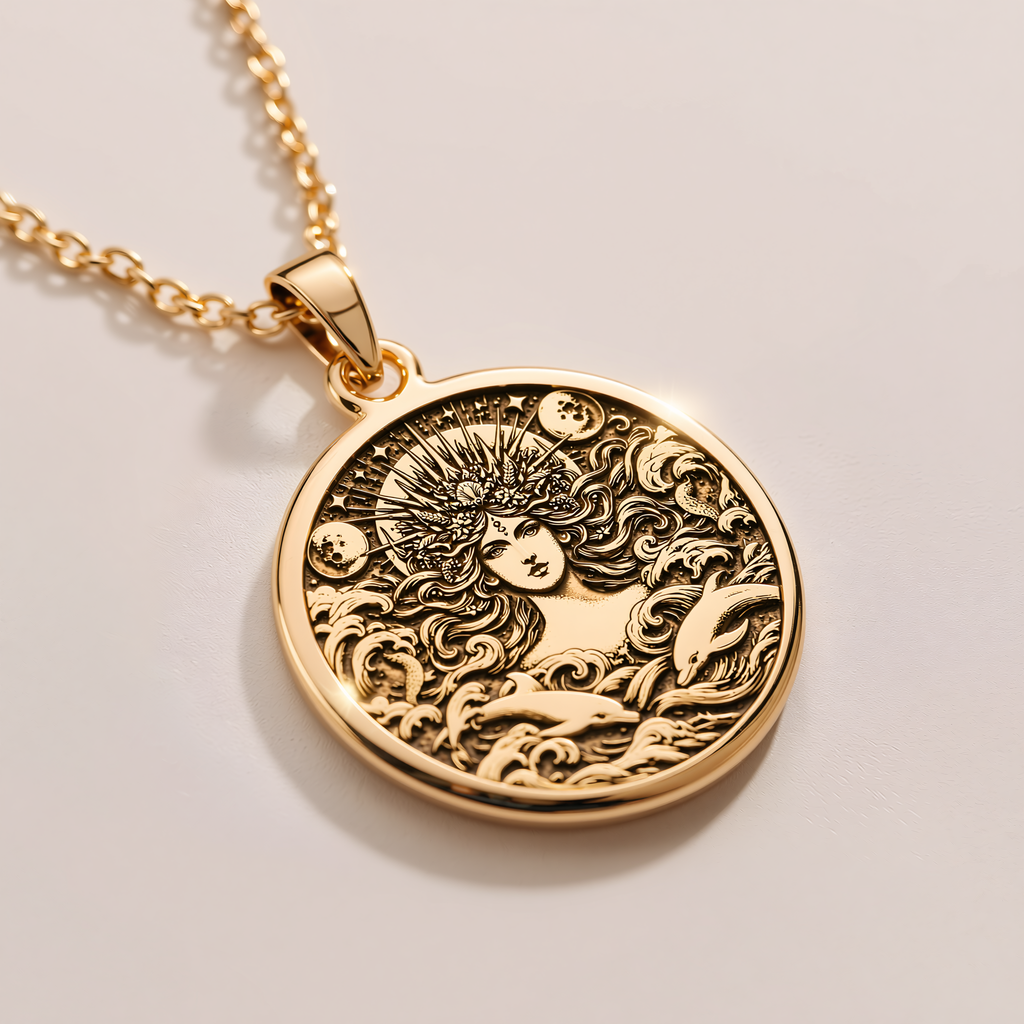 Amphitrite Sea Goddess Necklace - 14K Solid Gold, Left Angle View
