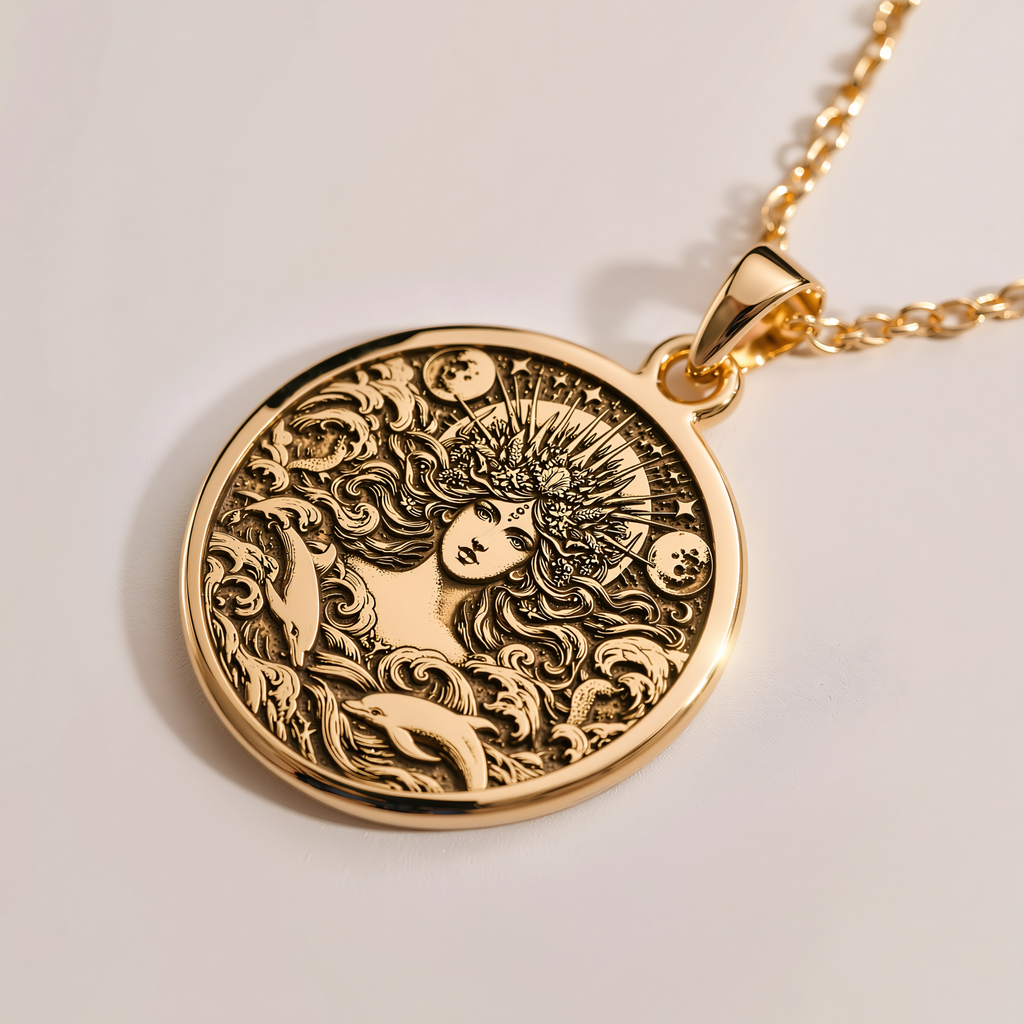 Amphitrite Sea Goddess Necklace - 14K Solid Gold, Right Angle View