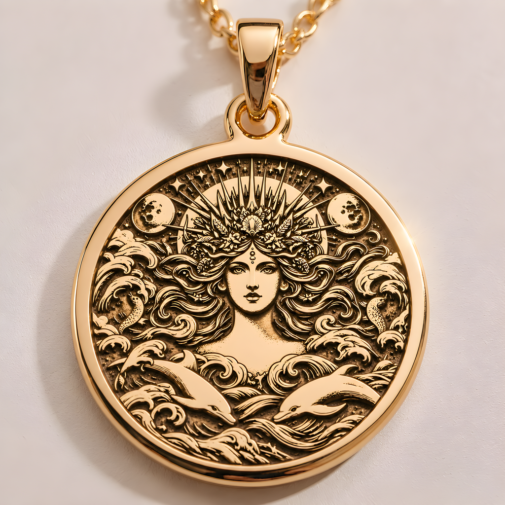 Amphitrite Necklace in 14K solid gold, a celestial sea goddess pendant inspired by Greek mythology. Perfect nautical jewelry gift for her, featuring intricate ocean waves and divine detailing.