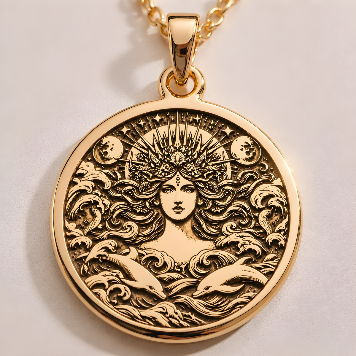 Amphitrite Necklace in 14K solid gold, a celestial sea goddess pendant inspired by Greek mythology. Perfect nautical jewelry gift for her, featuring intricate ocean waves and divine detailing.
