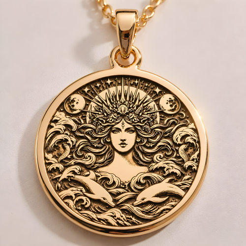 Amphitrite Necklace in 14K solid gold, a celestial sea goddess pendant inspired by Greek mythology. Perfect nautical jewelry gift for her, featuring intricate ocean waves and divine detailing.