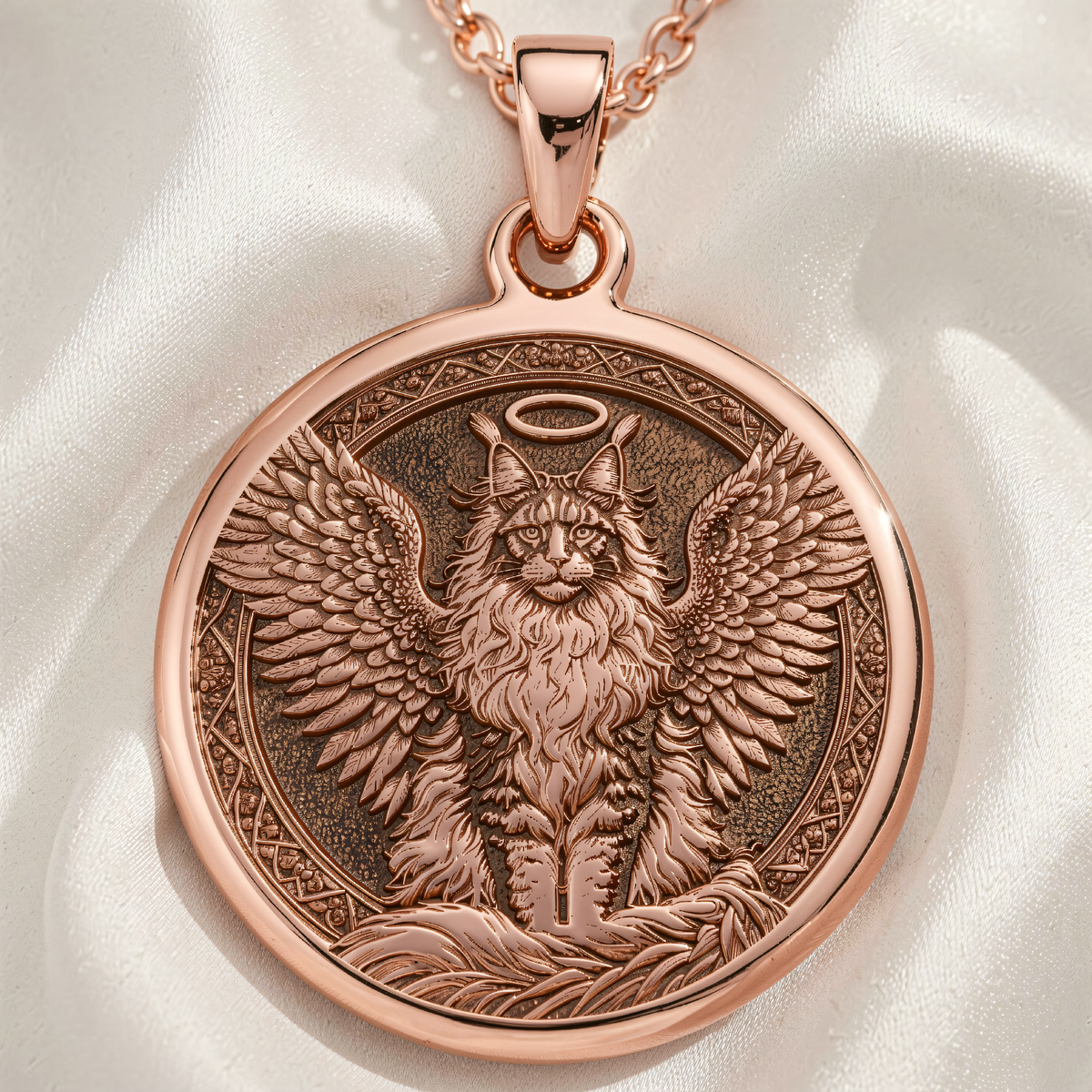 Maine Coon Memorial Pendant Necklace - Rainbow Bridge Cat - 14K Rose Gold Plated Front View