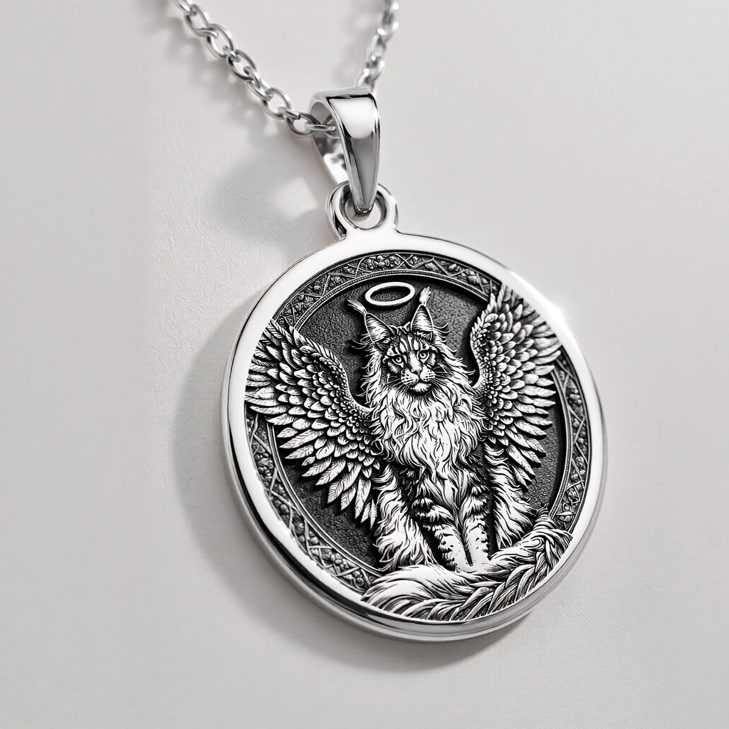 Angel Cat Maine Coon Medallion Pendants 925 925 Sterling Silver winged beast pendant necklace with circular frame.