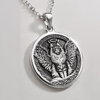 Angel Cat Maine Coon Medallion Pendants 925 925 Sterling Silver winged beast pendant necklace with circular frame.
