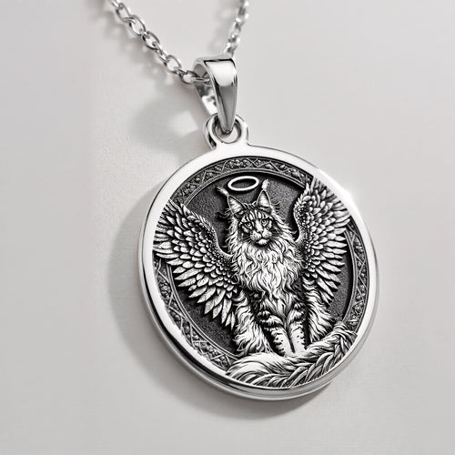Angel Cat Maine Coon Medallion Pendants 925 925 Sterling Silver winged beast pendant necklace with circular frame.