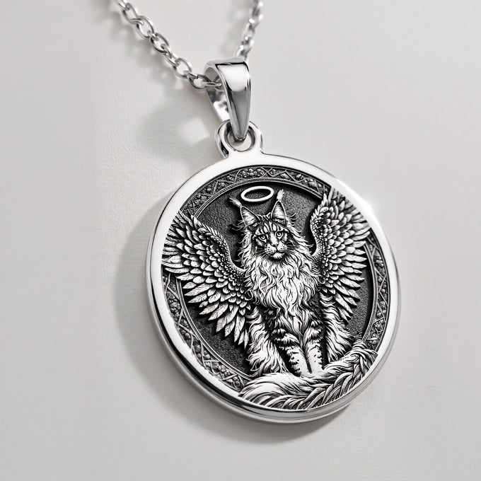 Angel Cat Maine Coon Medallion Pendants 925 925 Sterling Silver winged beast pendant necklace with circular frame.