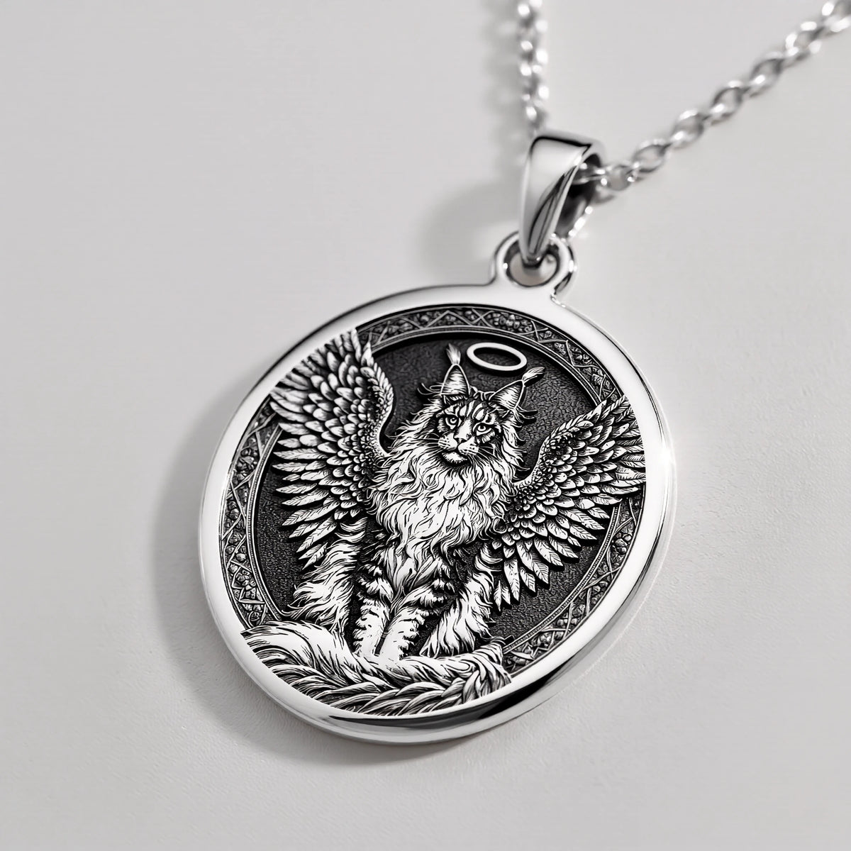 Angel Cat Maine Coon Medallion Pendants 925 925 Sterling Silver winged feline pendant necklace with circular frame