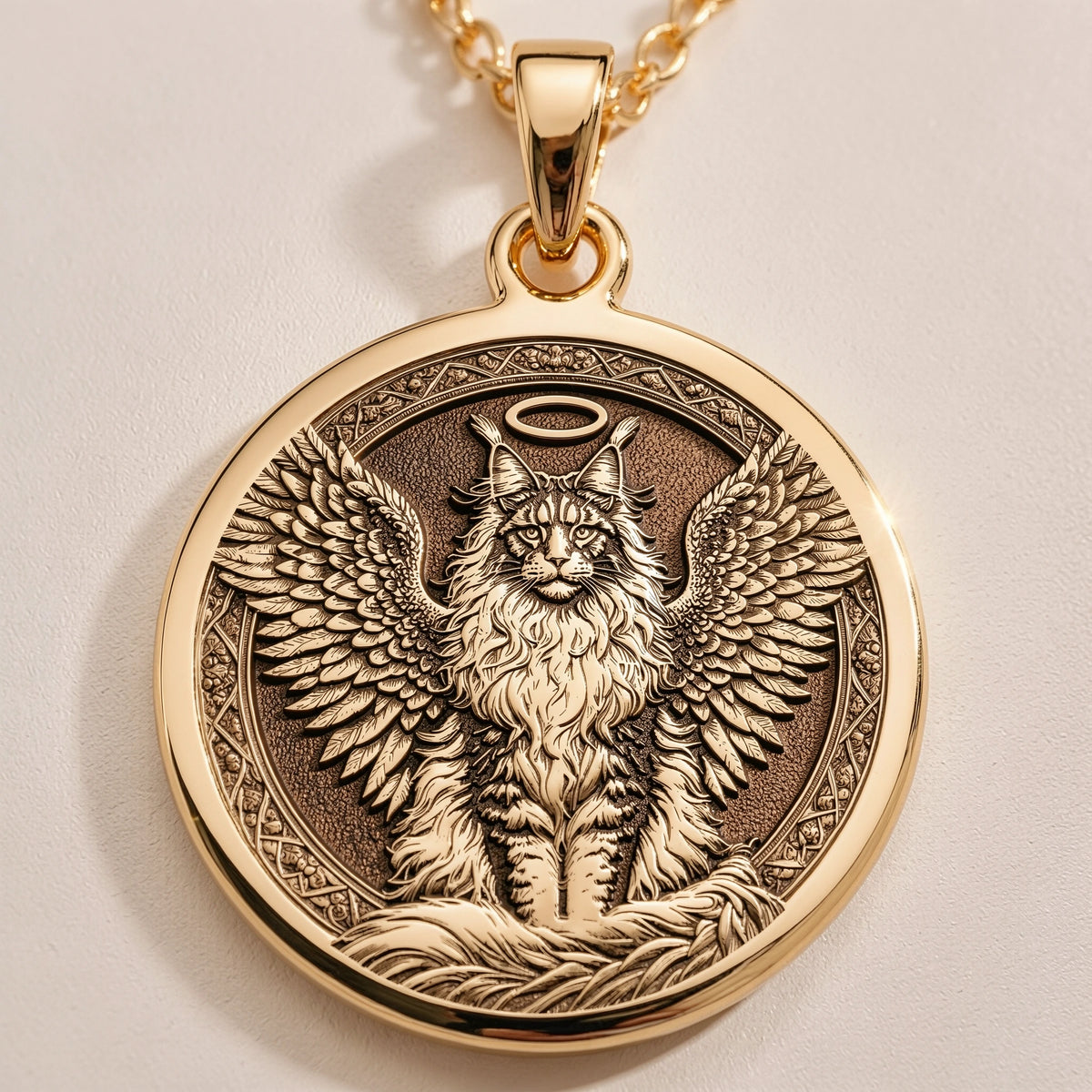 Angel Cat Maine Coon Medallion Pendants 14K 14K Gold Plated winged feline medallion pendant necklace with intricate detail