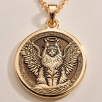 Angel Cat Maine Coon Medallion Pendants 14K 14K Gold Plated winged feline medallion pendant necklace with intricate detail