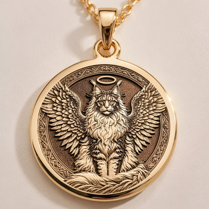 Angel Cat Maine Coon Medallion Pendants 14K 14K Gold Plated winged feline medallion pendant necklace with intricate detail