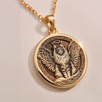 Angel Cat Maine Coon Medallion Pendants 14K 14K Gold Plated winged lion pendant necklace with circular frame and detailed engraving.
