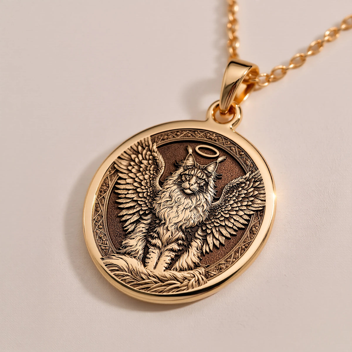 Angel Cat Maine Coon Medallion Pendants 14K 14K Gold Plated winged feline pendant with halo design necklace