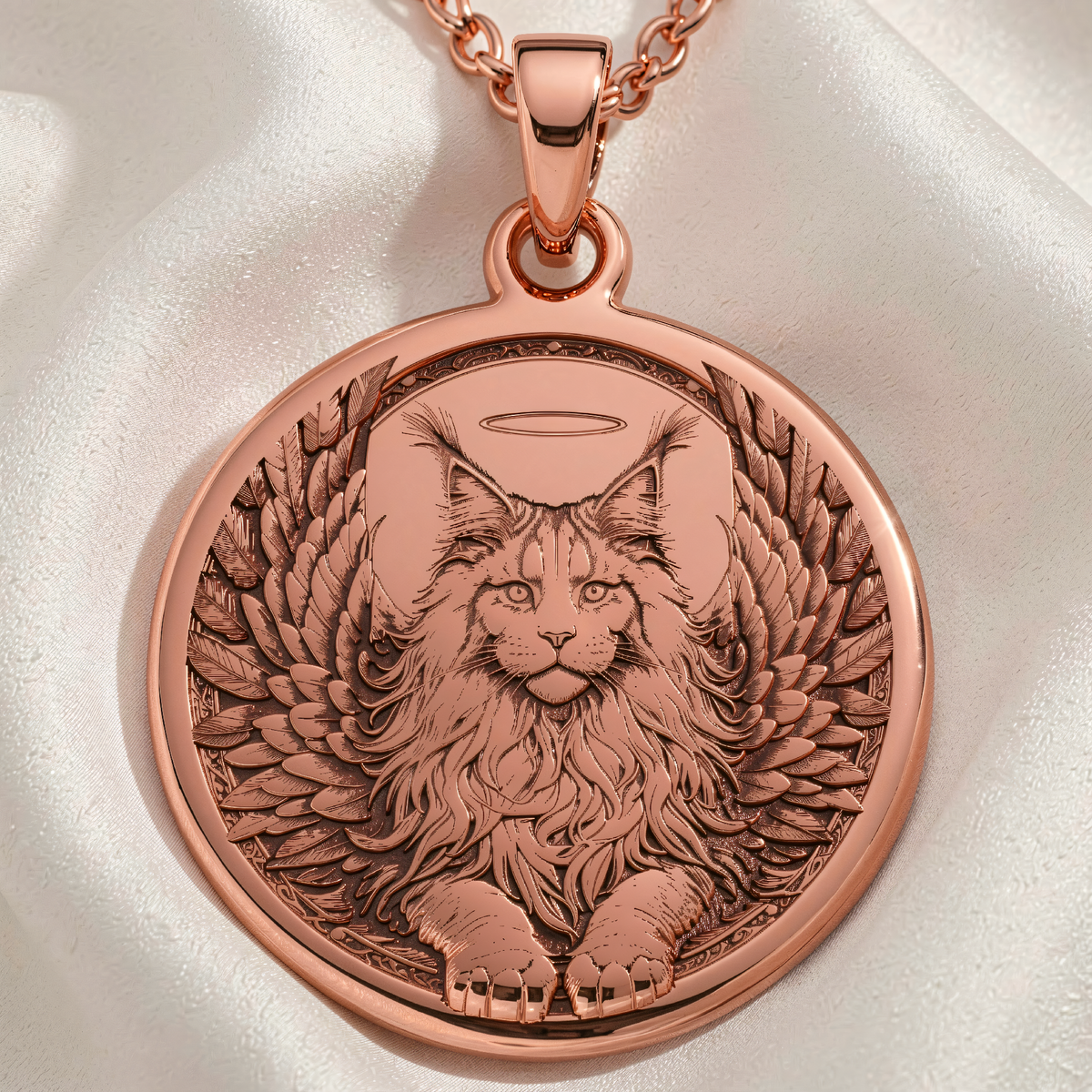 Maine Coon Angel Pendant Necklace - Winged Cat Memorial - 14K Rose Gold Plated Front View
