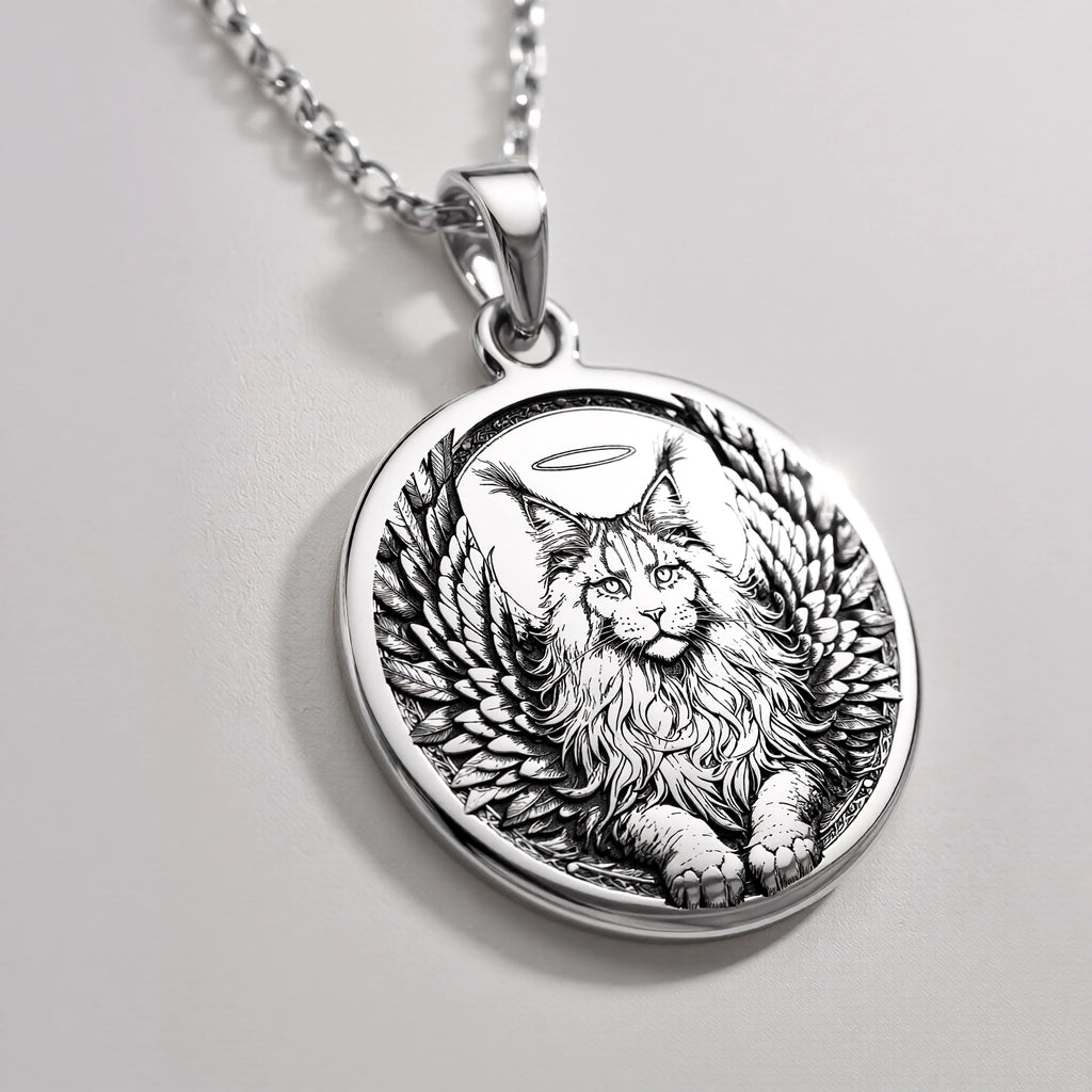 925 925 Sterling Silver Angel Cat Maine Coon Medallion Pendants Silver-toned sterling silver winged feline pendant with detailed fur texture necklace