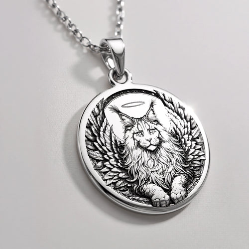 925 925 Sterling Silver Angel Cat Maine Coon Medallion Pendants Silver-toned sterling silver winged feline pendant with detailed fur texture necklace