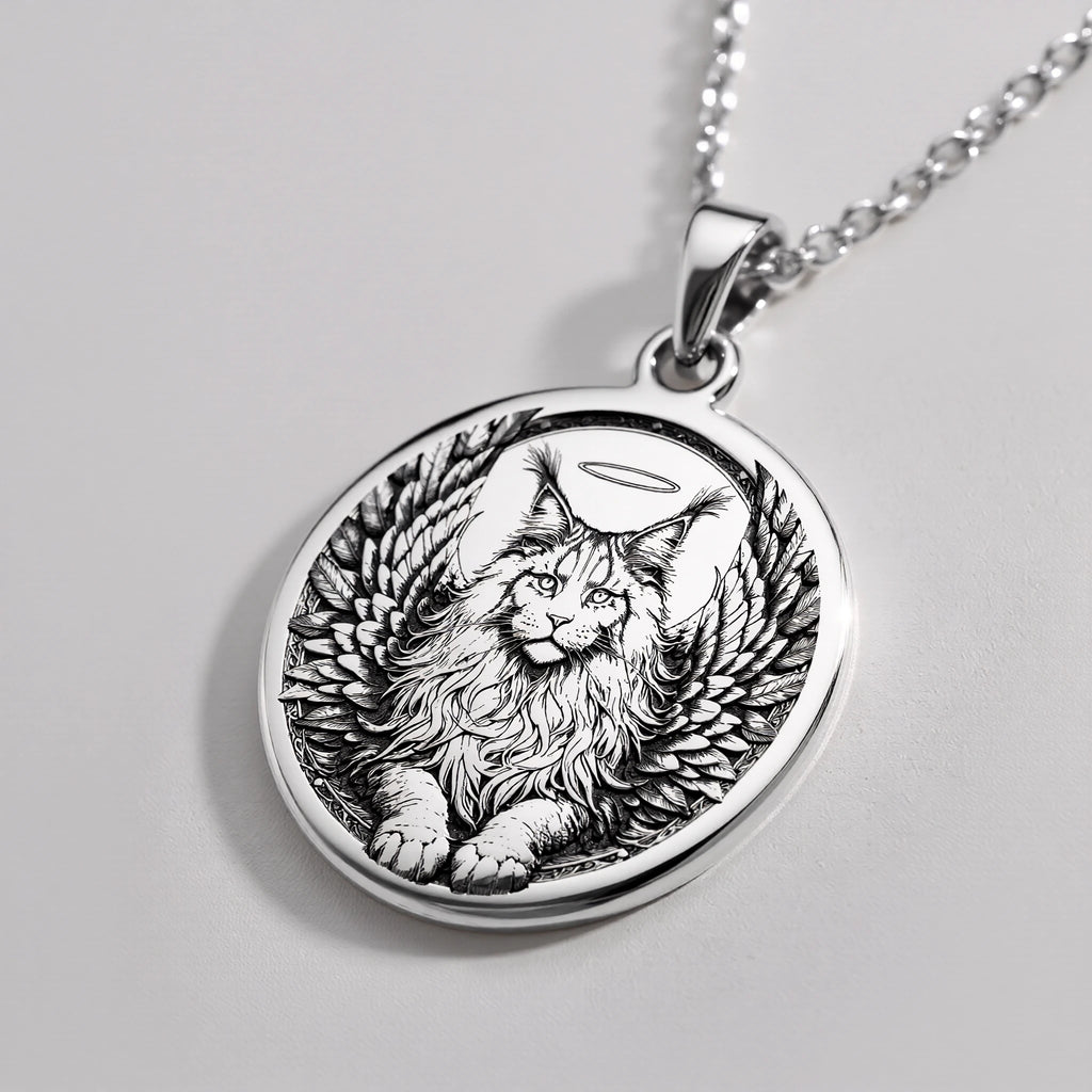 Angel Cat Maine Coon Medallion Pendants 925 925 Sterling Silver cat with wings round pendant necklace