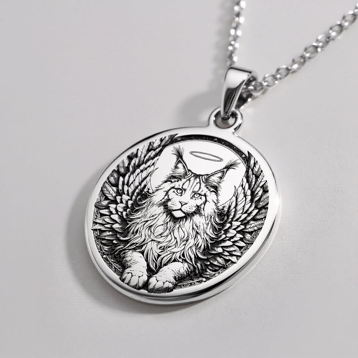 Angel Cat Maine Coon Medallion Pendants 925 925 Sterling Silver cat with wings round pendant necklace