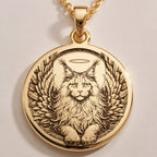 Angel Cat Maine Coon Medallion Pendants 14K 14K Gold Plated winged lion face pendant necklace with circular wreath design