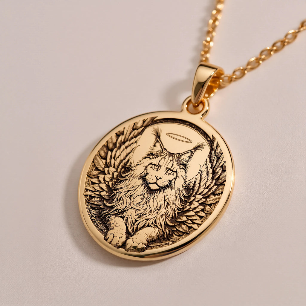 Angel Cat Maine Coon Medallion Pendants 14K 14K Gold Plated winged feline pendant necklace with circular frame design