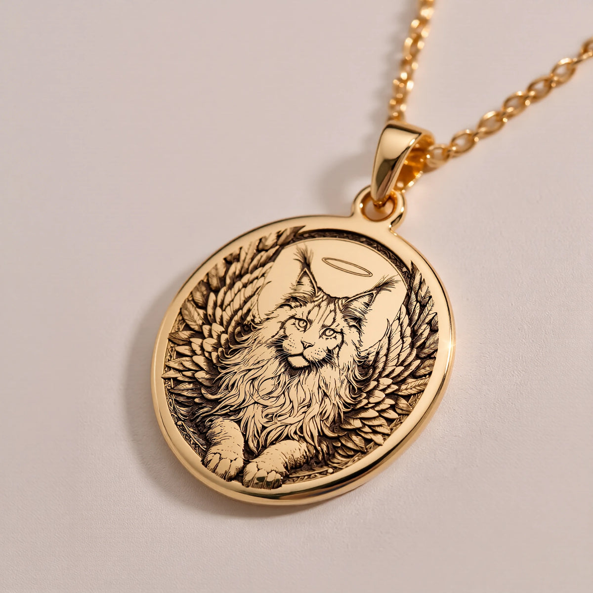 Angel Cat Maine Coon Medallion Pendants 14K 14K Gold Plated winged feline pendant necklace with circular frame design