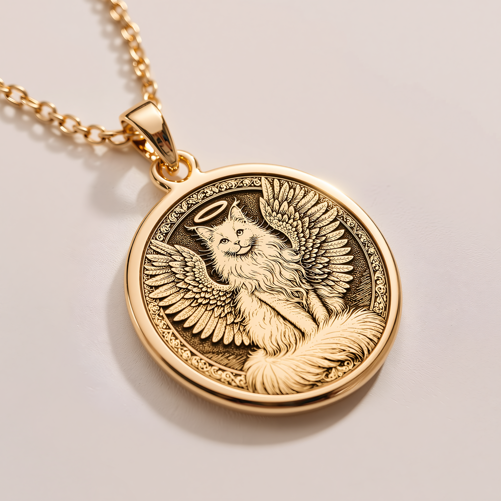 Angel Cat Medallion Pet Memorial Pendant - 14K Solid Gold, Left Angle View