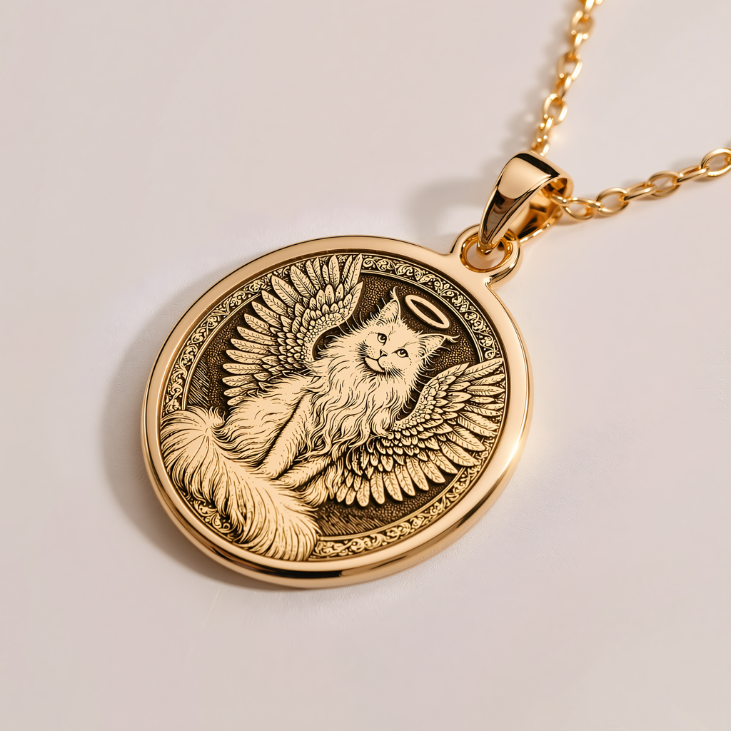 Angel Cat Medallion Pet Memorial Pendant - 14K Solid Gold, Right Angle View