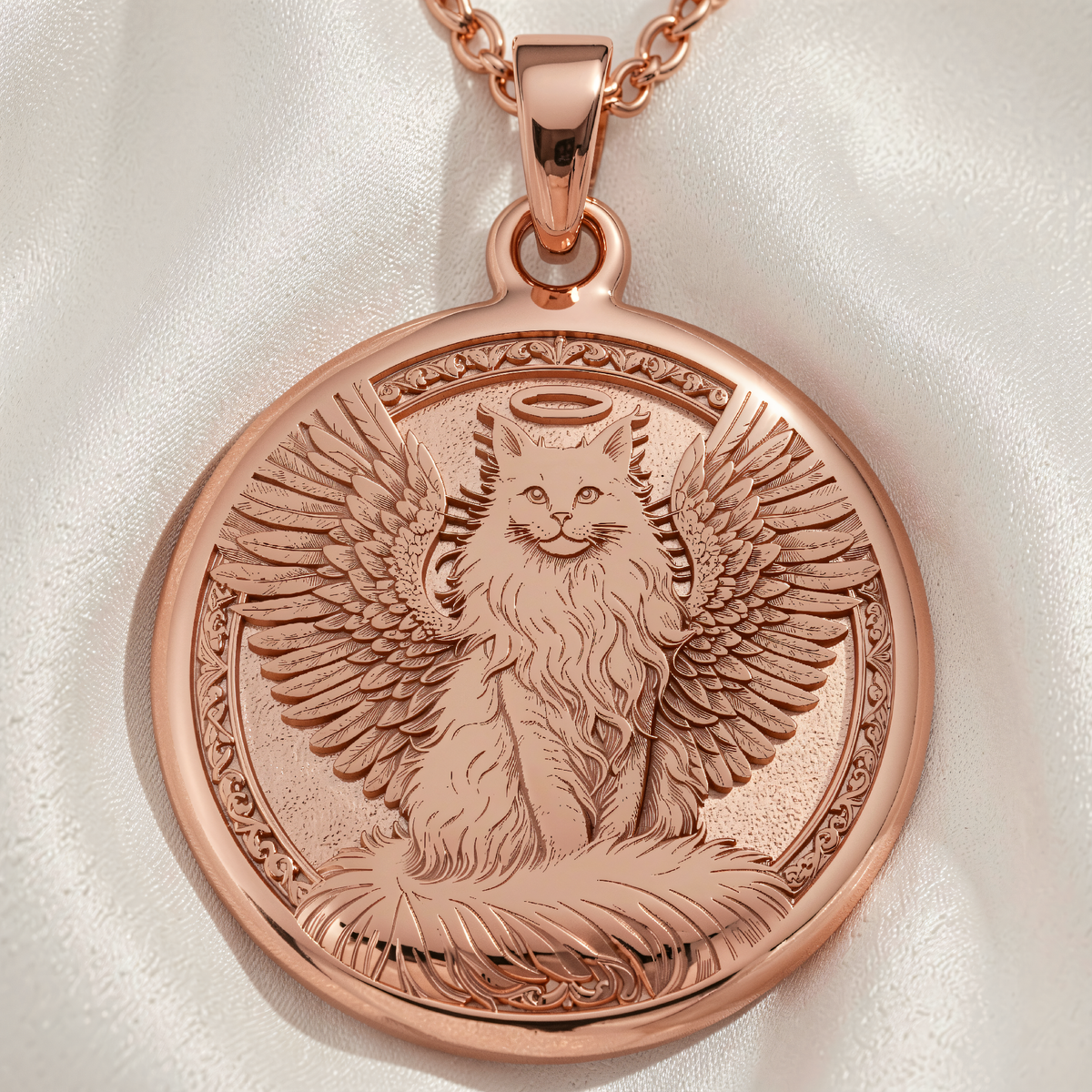 Angel Cat Medallion Pet Memorial Pendant | Silver & Plated Options - Spirit Animal Rebirth Rainbow Bridge - 14K Rose Gold Plated Front View