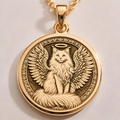 14K Solid Gold Turkish Angora Angel Cat Medallion featuring beloved long-haired breed with heavenly wings and halo. Detailed memorial talisman with silky coat, elegant features and ornate decorative border. Luxury Turkish Angora memorial gift.