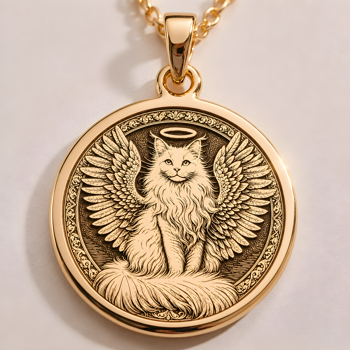 14K Solid Gold Turkish Angora Angel Cat Medallion featuring beloved long-haired breed with heavenly wings and halo. Detailed memorial talisman with silky coat, elegant features and ornate decorative border. Luxury Turkish Angora memorial gift.