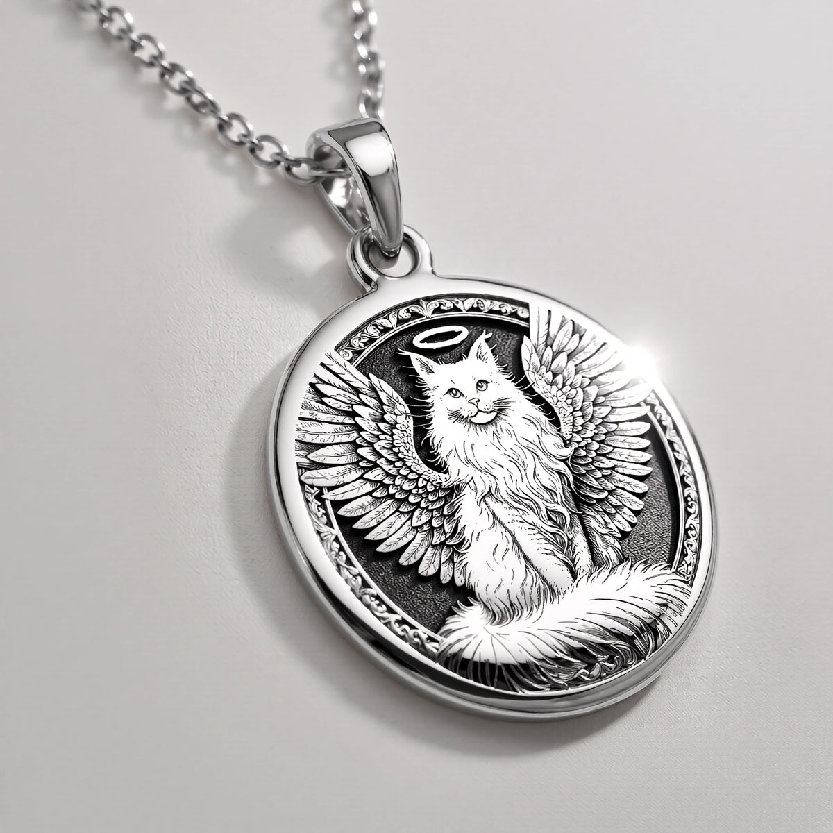 Angel Cat Medallion Pet Memorial Pendant Pendants 925 925 Sterling Silver winged feline pendant on a chain necklace