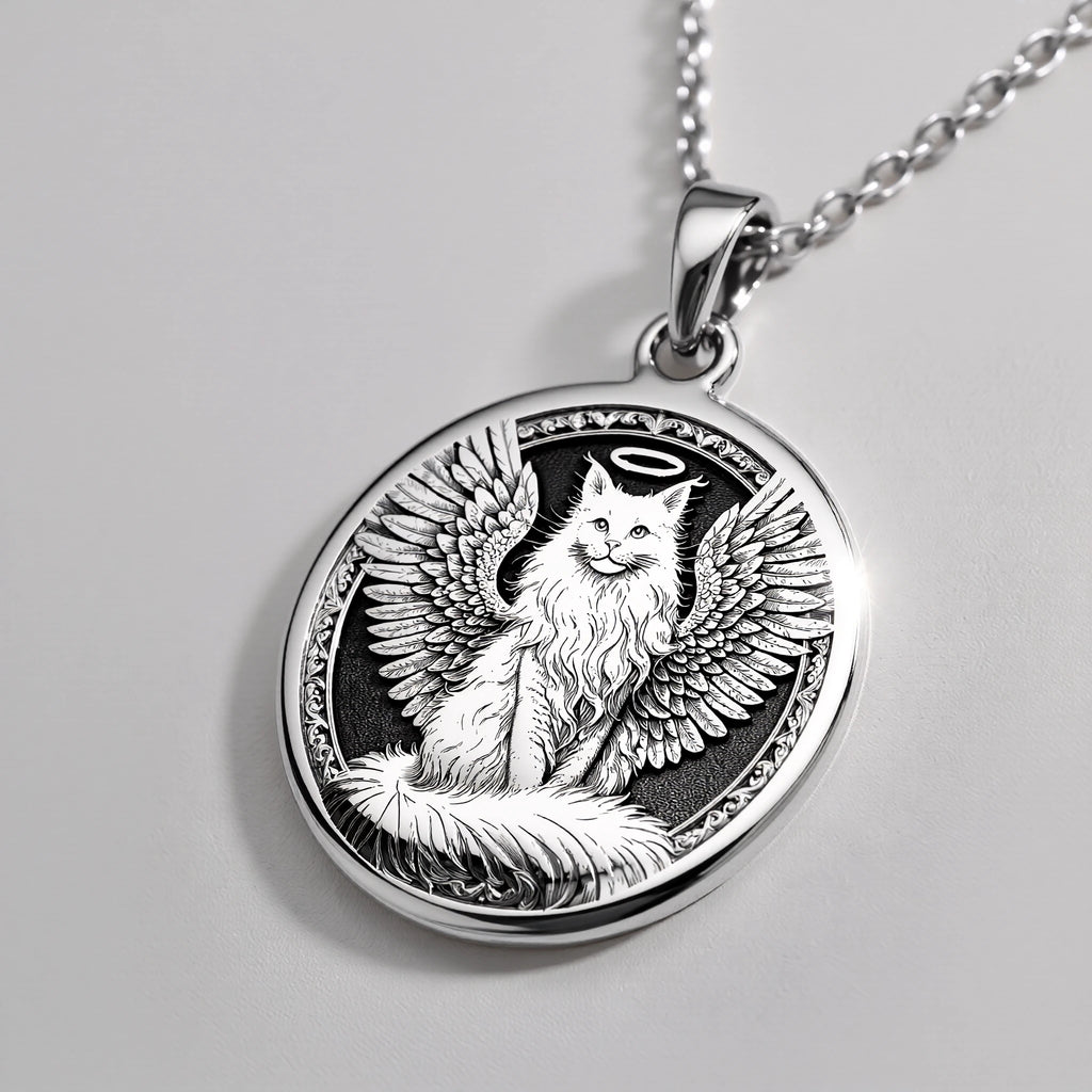 Angel Cat Medallion Pet Memorial Pendant Pendants 925 925 Sterling Silver winged cat pendant necklace with detailed engraving.