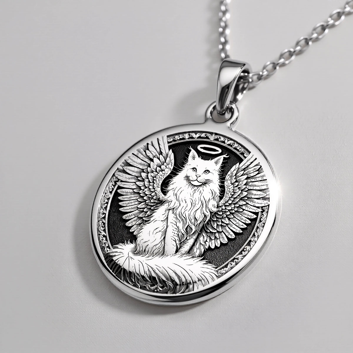Angel Cat Medallion Pet Memorial Pendant Pendants 925 925 Sterling Silver winged cat pendant necklace with detailed engraving.