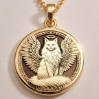 Angel Cat Medallion Pet Memorial Pendant Pendants 14K 14K Gold Plated winged feline pendant necklace with detailed engraving.