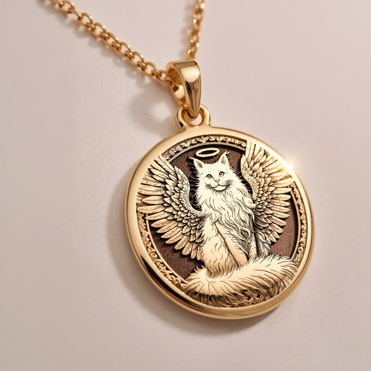 Angel Cat Medallion Pet Memorial Pendant Pendants 14K 14K Gold Plated winged cat pendant necklace with detailed filigree design
