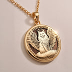 Angel Cat Medallion Pet Memorial Pendant Pendants 14K 14K Gold Plated winged cat pendant necklace with detailed filigree design