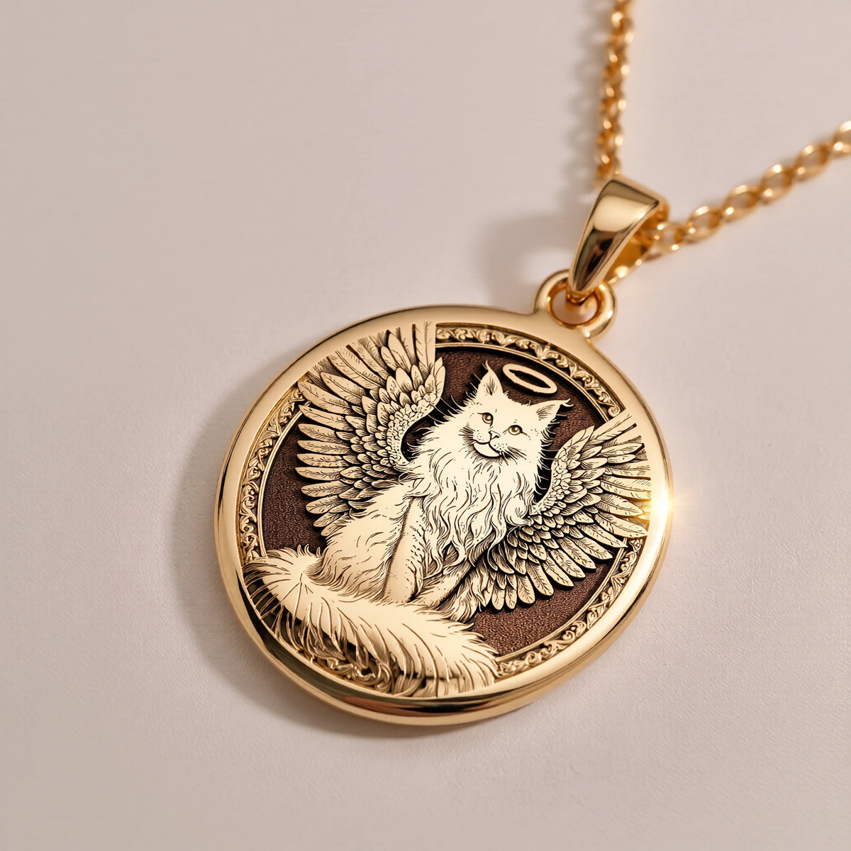 Angel Cat Medallion Pet Memorial Pendant Pendants 14K 14K Gold Plated winged cat pendant necklace with detailed engraving.