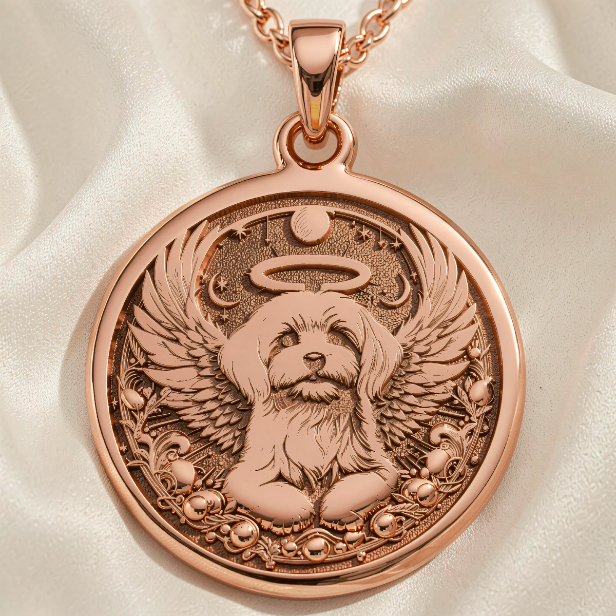 Rainbow Bridge Dog Pendant Necklace - Pet Memorial Guardian - 14K Rose Gold Plated Front View