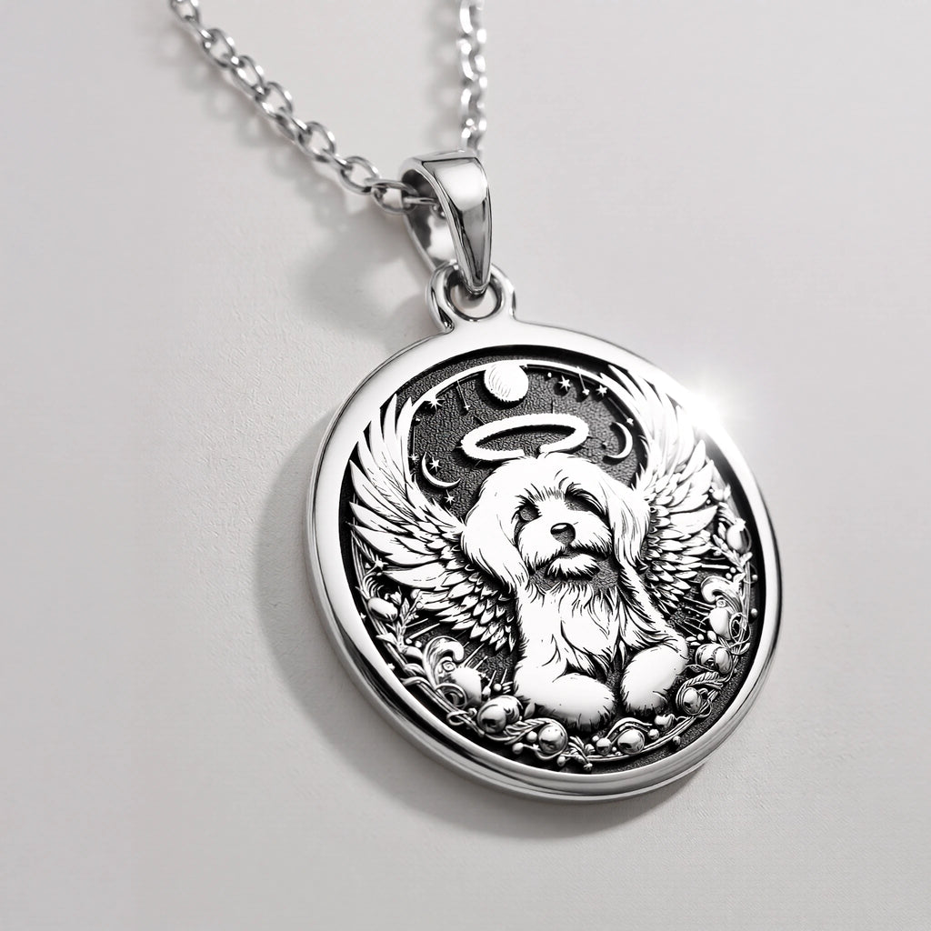 Angel Dog Rainbow Bridge Medallion Pendants 925 925 Sterling Silver dog with wings pendant necklace on a white background