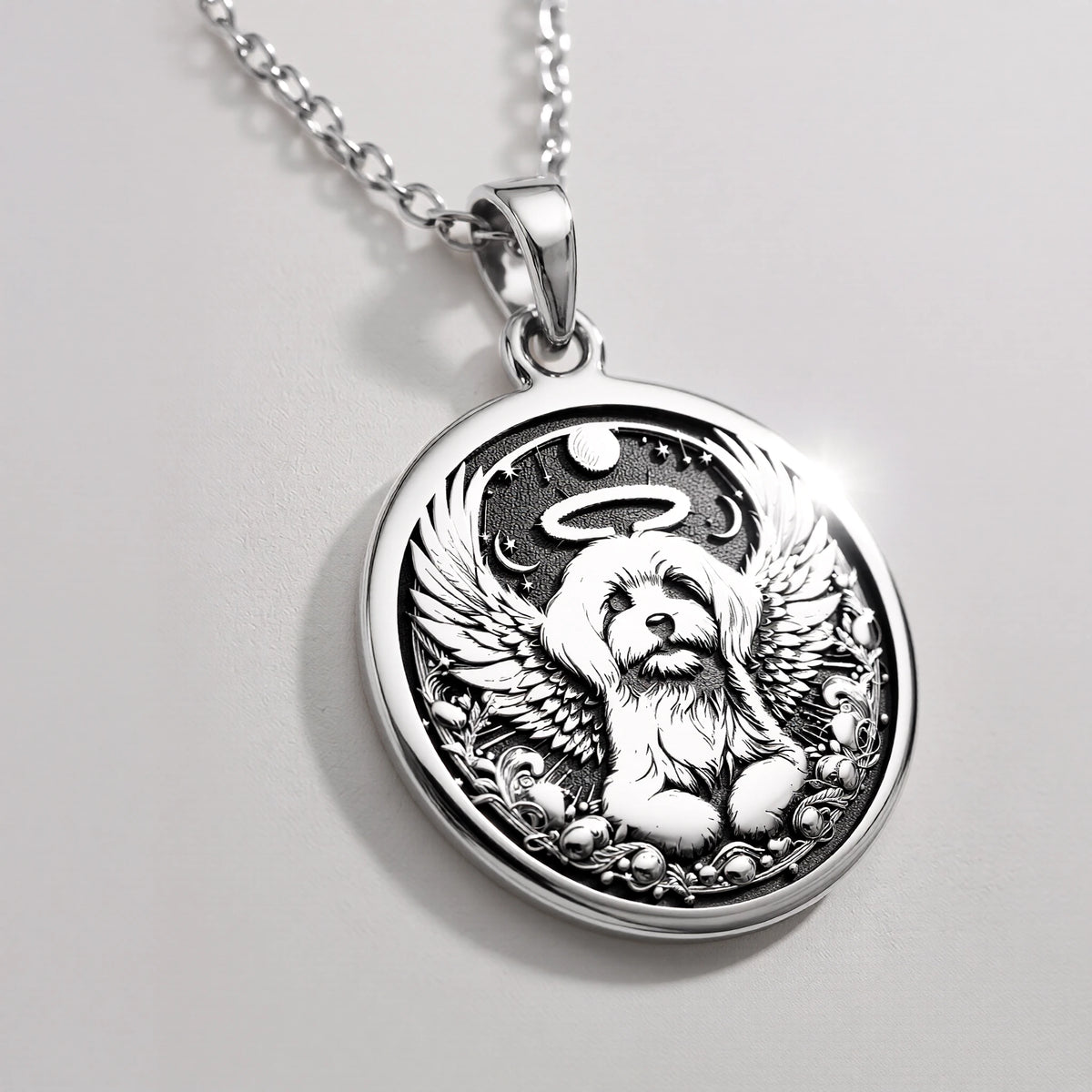 Angel Dog Rainbow Bridge Medallion Pendants 925 925 Sterling Silver dog with wings pendant necklace on a white background