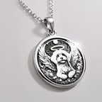 Angel Dog Rainbow Bridge Medallion Pendants 925 925 Sterling Silver dog with wings pendant necklace on a white background