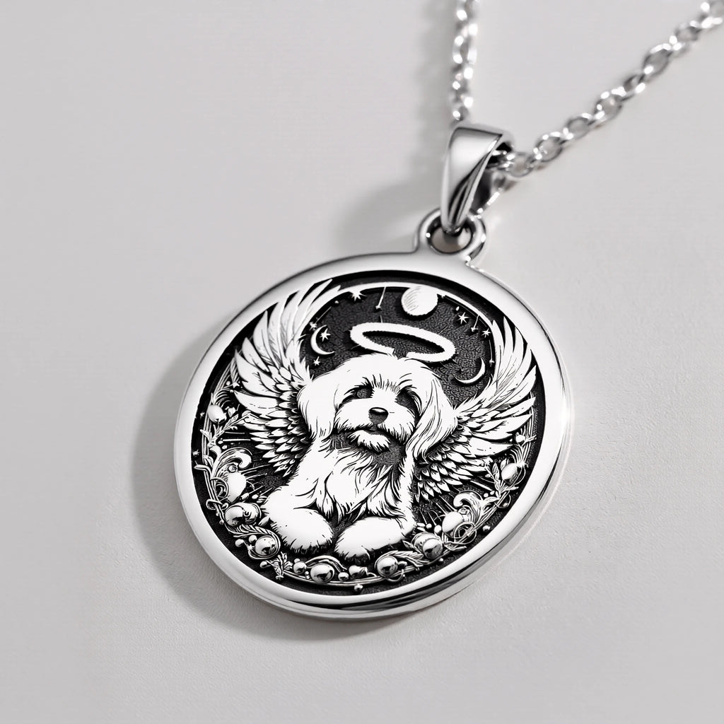 Angel Dog Rainbow Bridge Medallion Pendants 925 925 Sterling Silver winged dog pendant with halo design necklace