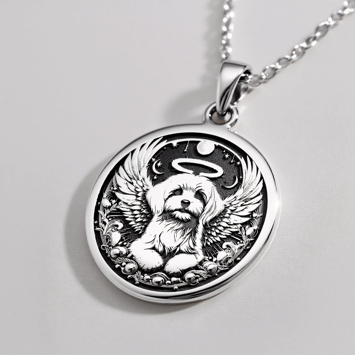 Angel Dog Rainbow Bridge Medallion Pendants 925 925 Sterling Silver winged dog pendant with halo design necklace
