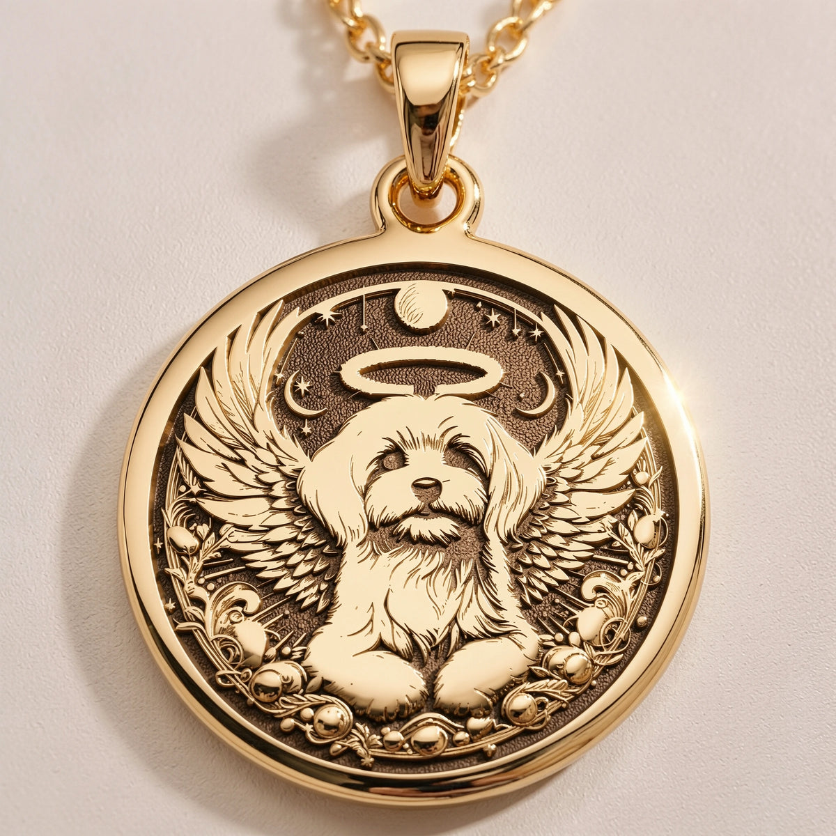 Angel Dog Rainbow Bridge Medallion Pendants 14K 14K Gold Plated dog with wings in a circular wreath pendant necklace